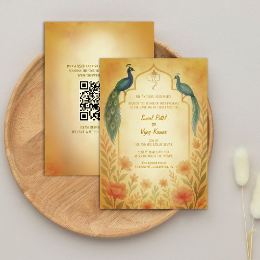 Peacock Floral Indian Hindu Wedding QR-code Kaart