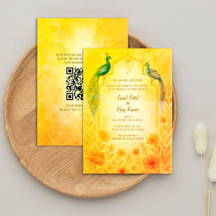 Peacock Floral Indian Hindu Wedding QR-code Kaart