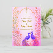Peacock Floral Indian Hindu Wedding Watercolor Kaart (Staand voorkant)