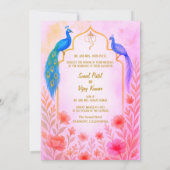 Peacock Floral Indian Hindu Wedding Watercolor Kaart (Achterkant)