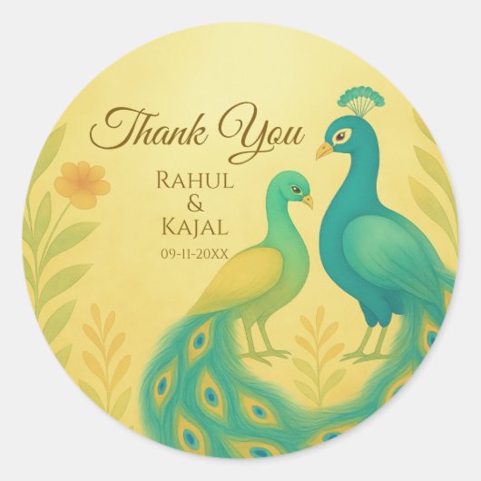 Peacock Floral Indian Wedding Bedankt Ronde Sticker (Voorkant)