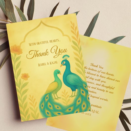 Peacock Floral Indian Wedding Dank je wel kaart