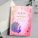 Peacock Floral Indian Wedding Save the Date Kaart<br><div class="desc">Kondig uw aanstaande bruiloft in stijl aan met deze elegante pauw-thema "Save the Date" -kaart. Met een levendige waterverf bloemenachtergrond en een majestueus pauw-ontwerp, geeft deze uitnodiging de charme van de traditionele Indiase kunst weer met een eigentijdse twist. Deze sjabloon is ideaal voor Hindoe- en Indiase bruiloften en biedt aanpasbare...</div>