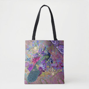 Peacock floral lace diamond elegant paars blauwgro tote bag