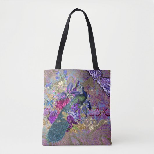 Peacock floral lace diamond elegant paars blauwgro tote bag (Voorkant)