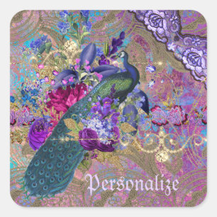Peacock floral lace diamond elegant paars blauwgro vierkante sticker