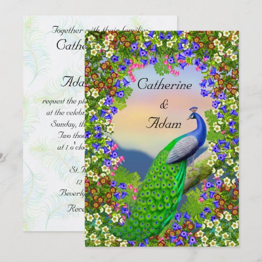 Peacock Floral Paradise Wedding Invitation Kaart (Voorkant / Achterkant)