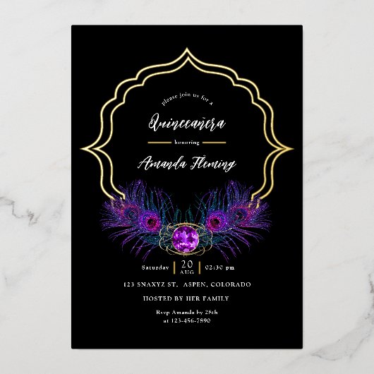  Peacock Floral Quinceañera Folie Uitnodiging (Voorkant)