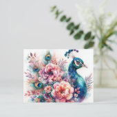 Peacock Floral Waterverf Portret Briefkaart (Staand voorkant)
