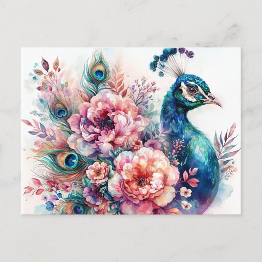 Peacock Floral Waterverf Portret Briefkaart (Voorkant)