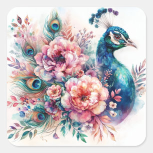 Peacock Floral Waterverf Portret Vierkante Sticker