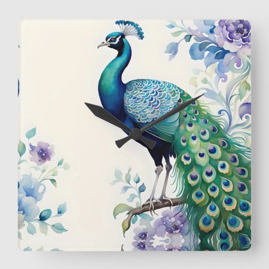 Peacock floral waterverf vierkante klok (Voorkant)