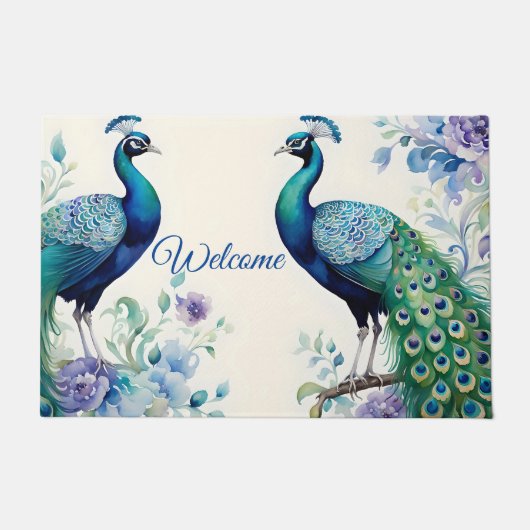 Peacock floral waterverf Welkom Deurmat (Voorkant)