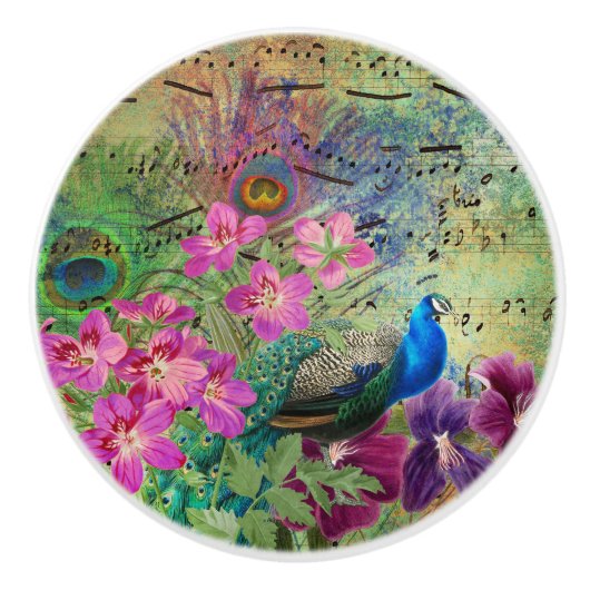 Peacock Flowers and Music Keramische Knop (Voorkant)
