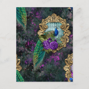 Peacock, Flowers en Gold Lijst Briefkaart