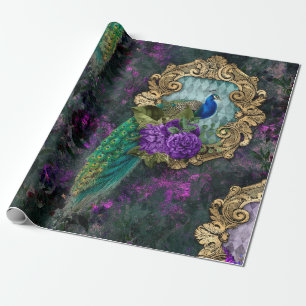 Peacock, Flowers en Gold Lijst Cadeaupapier