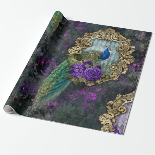 Peacock, Flowers en Gold Lijst Cadeaupapier (Uitgerold)