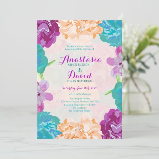 Peacock Flowers Weddenschap Kaart (Staand voorkant)