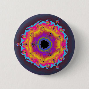 Peacock Fractal Mandala Yellow Pink Paars Ronde Button 5,7 Cm