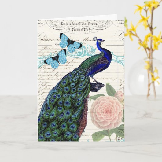 Peacock Frans Ephemera Collage Verjaardag Kaart (Gele Bloem)