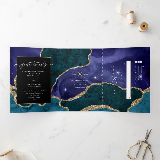 Peacock Galaxy Agate Stone Wedding Tri Fold Drieluik Uitnodiging (Binnen)