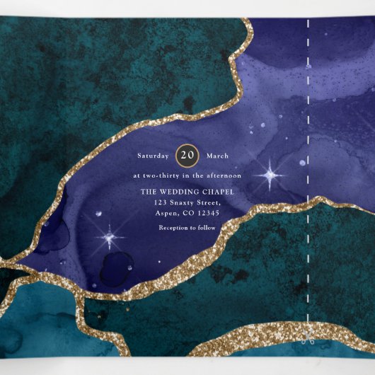 Peacock Galaxy Agate Stone Wedding Tri Fold Drieluik Uitnodiging (Binnenkant midden)