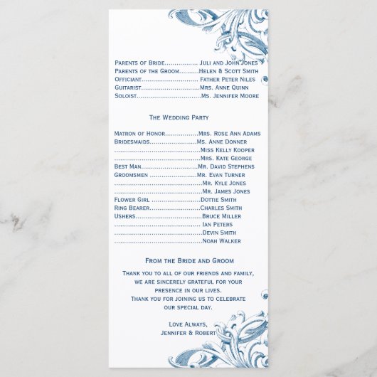 Peacock Garden in blauw en wit bruiloft programma Programmakaart (Achterkant)