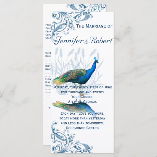 Peacock Garden in blauw en wit bruiloft programma Programmakaart (Voorkant / Achterkant)
