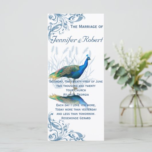 Peacock Garden in blauw en wit bruiloft programma Programmakaart (Staand voorkant)