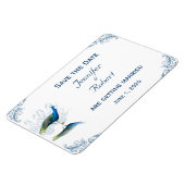 Peacock Garden in blauw en wit Save the Date Magneet (Linkerzijde)
