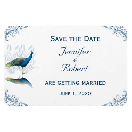 Peacock Garden in blauw en wit Save the Date Magneet (Horizontaal)