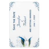 Peacock Garden in blauw en wit Save the Date Magneet (Verticaal)