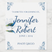 Peacock Garden in Blauw en Wit Wijn Label Etiket (Enkel label)