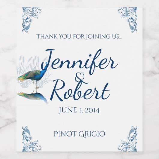 Peacock Garden in Blauw en Wit Wijn Label Wijn Etiket (Enkel label)