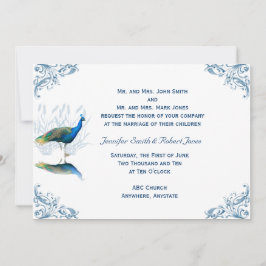 Peacock Garden in Blauw Wit Huwelijksuitnodiging Kaart