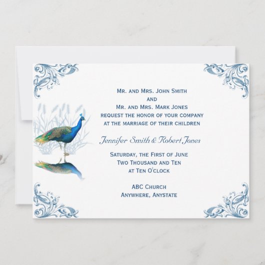 Peacock Garden in Blauw Wit Huwelijksuitnodiging Kaart (Voorkant)