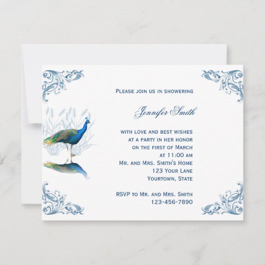 Peacock Garden in Blue Bridal Shower Invitation Kaart (Voorkant)