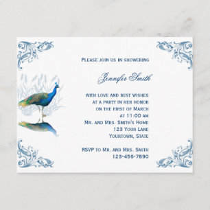 Peacock Garden in Blue Bridal Shower Invitation Kaart