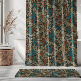 Peacock Garden in Teal Blue Rust Mustard Beige Douchegordijn