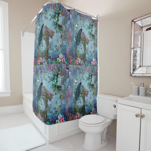 Peacock Garden wisteria blue lavender roze Douchegordijn (In situ)