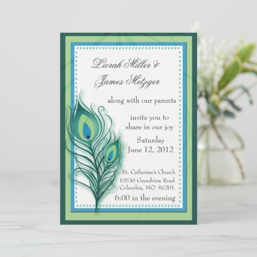 Peacock geïnspireerde huwelijksuitnodiging kaart (Staand voorkant)