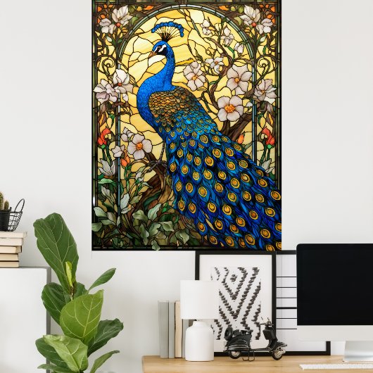 Peacock Glas in lood raamontwerp Poster (Thuiskantoor)