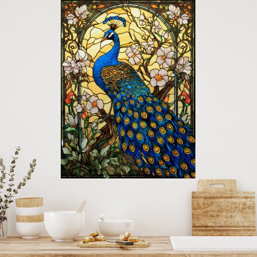 Peacock Glas in lood raamontwerp Poster (Keuken)