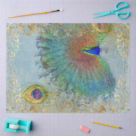 Peacock Gold Foil Scrollwork Feather Decoupage Art Tissuepapier (Craft)