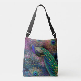  Peacock Gold Glitter Feathers Script Name Crossbody Tas
