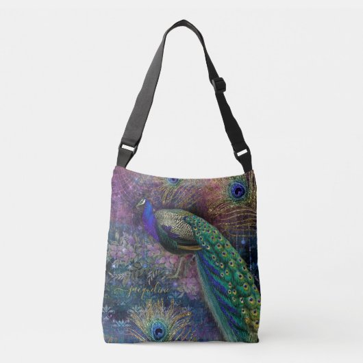  Peacock Gold Glitter Feathers Script Name Crossbody Tas (Voorkant)