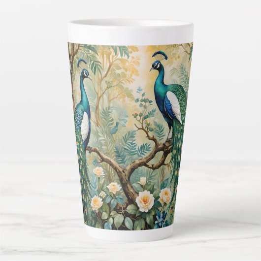 Peacock Golden Blauwgroen Floral Oerwoud Latte Mok (Voorkant)