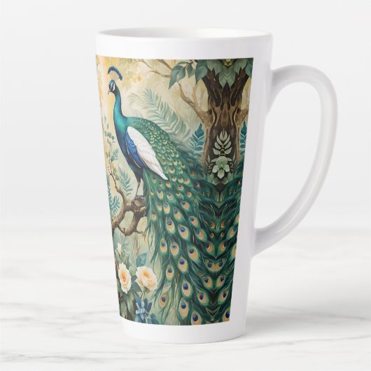 Peacock Golden Blauwgroen Floral Oerwoud Latte Mok (Rechts)