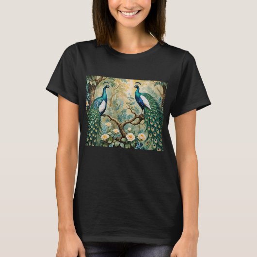 Peacock Golden Blauwgroen Floral Oerwoud T-shirt (Voorkant)