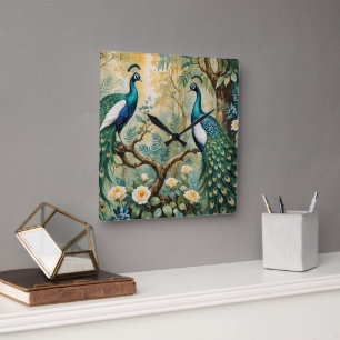 Peacock Golden Blauwgroen Floral Oerwoud Vierkante Klok